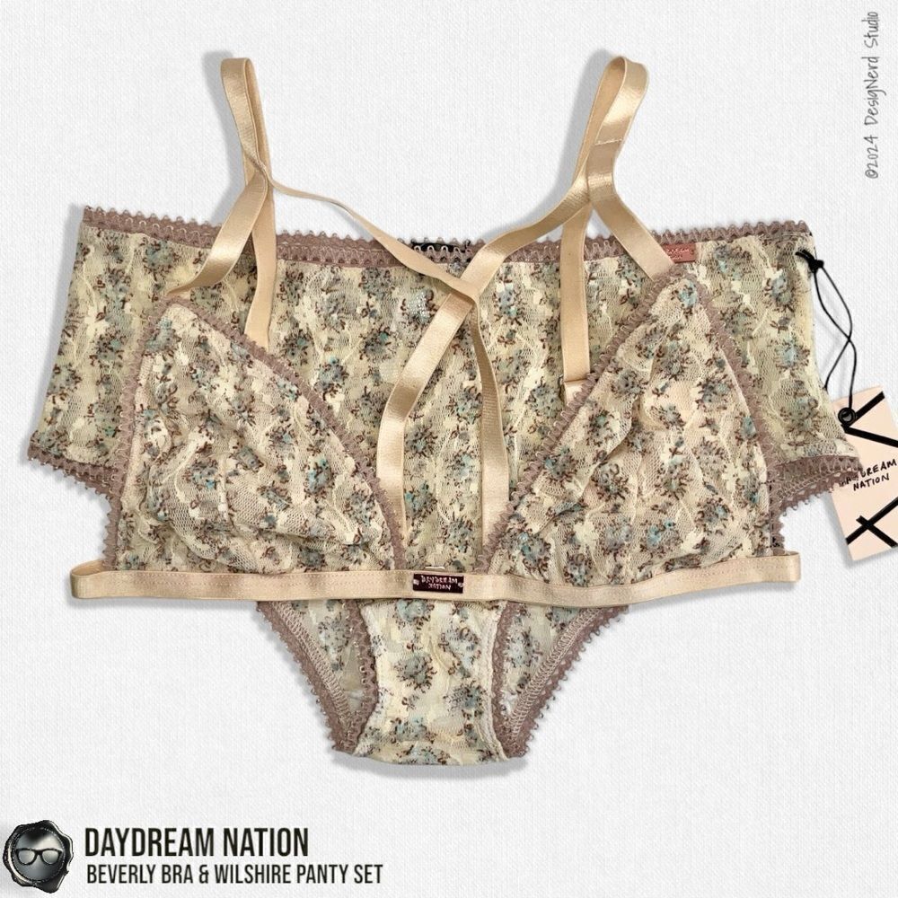 DAYDREAM NATION BEVERLY BRA & WILSHIRE PANTY SET IN TAN DAINTY FLORAL MESH LACE - Picture 13 of 14